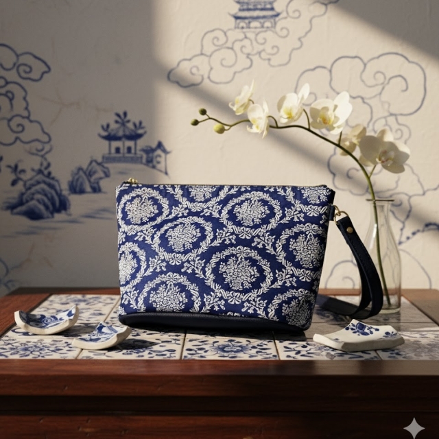 ESTEE LAUDER雅詩蘭黛青花藍瓷織紋手提包