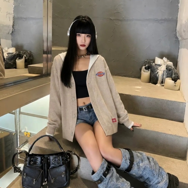 Dickies 拼接撞色針織連帽外套-卡其色