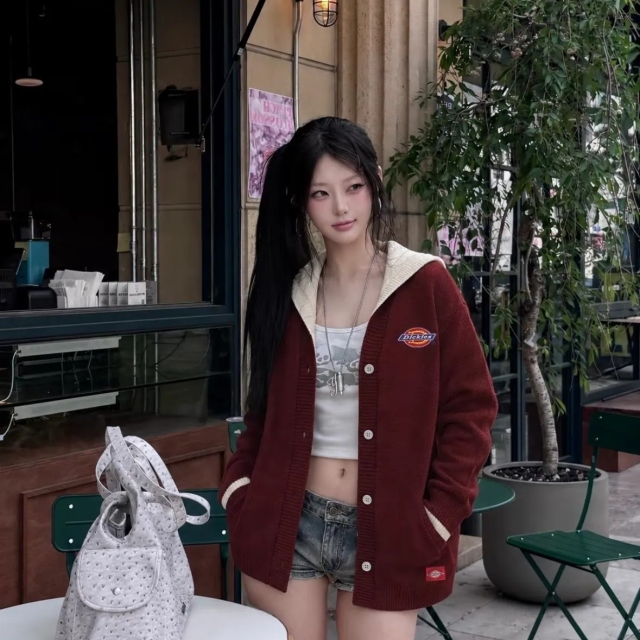 Dickies 拼接撞色針織連帽外套-酒紅色