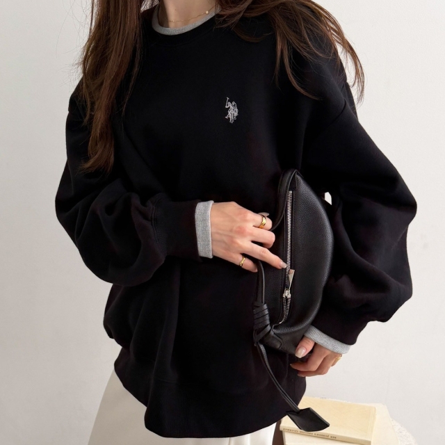 GeeRA x U.S. POLO ASSN. 圓領撞色長袖大學Tee-黑