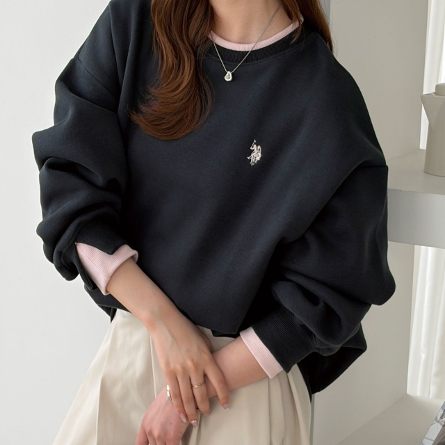 GeeRA x U.S. POLO ASSN. 圓領撞色長袖大學Tee-海軍藍