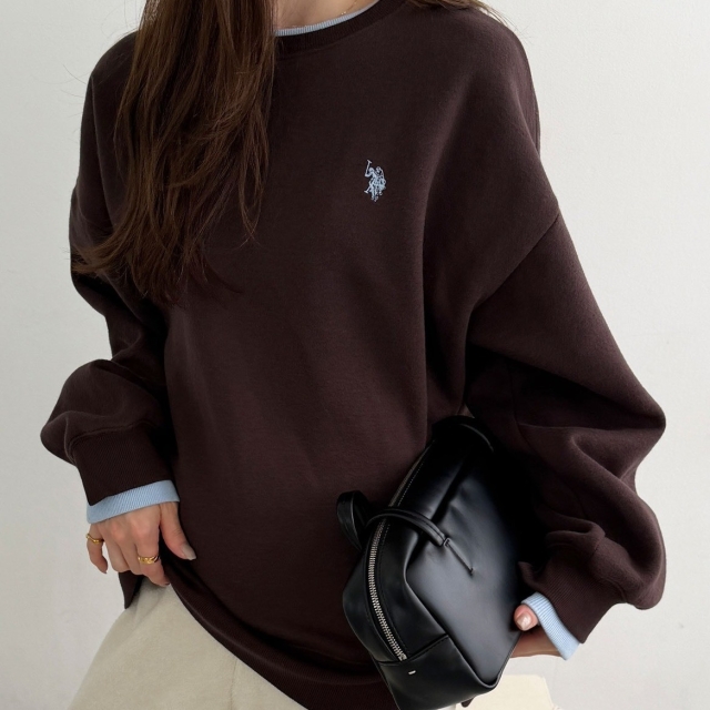 GeeRA x U.S. POLO ASSN. 圓領撞色長袖大學Tee-棕色