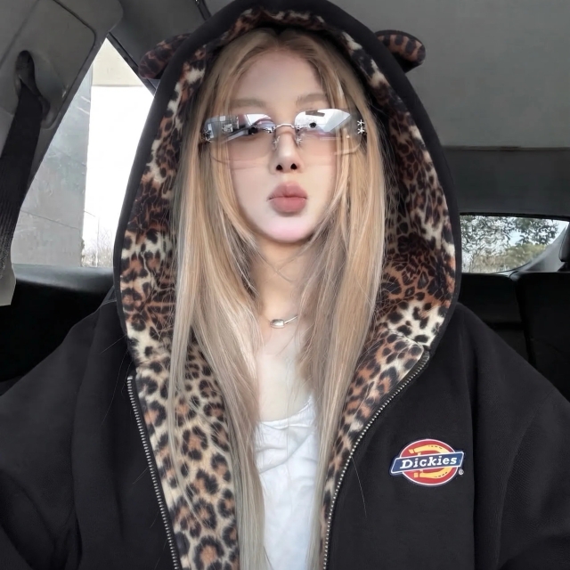 【潮流】Dickies 美式復古豹紋豹耳連帽外套-黑