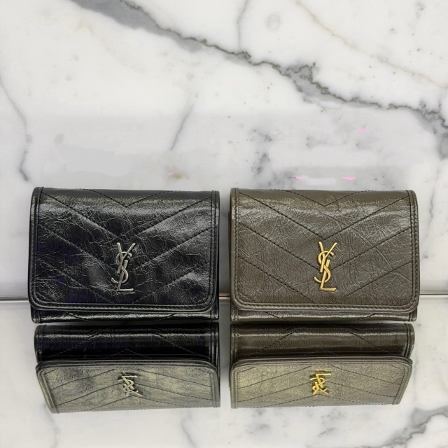 【精品】SAINT LAURENT YSL NIKI復古皮革薄款三摺錢包-墨綠色