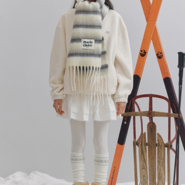 【韓國】Marie Claire 羊毛毛絨條紋圍巾 Wool Hairy Stripe Muffler-奶油色(MAGDSC10MBU