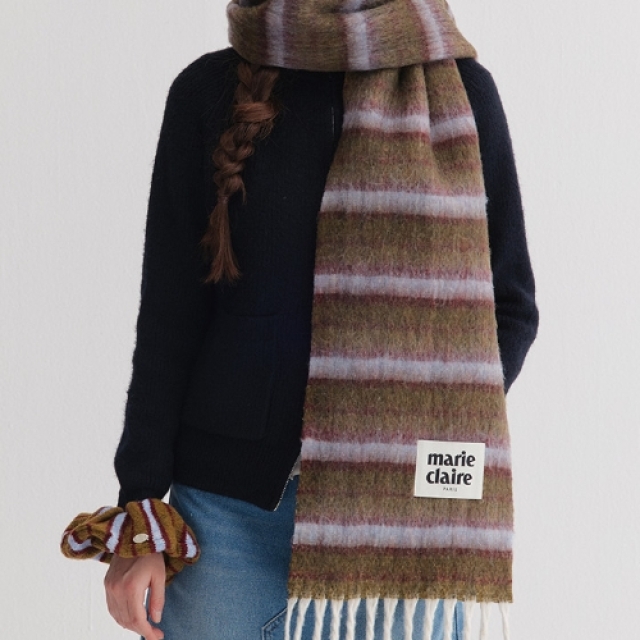 【韓國】Marie Claire 羊毛毛絨條紋圍巾 Wool Hairy Stripe Muffler-橄欖棕（MAGDSC10MOV）