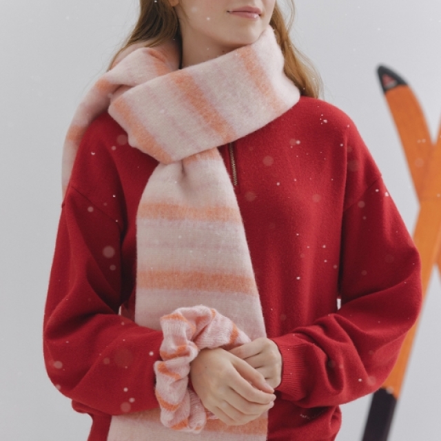 【韓國】Marie Claire 羊毛毛絨條紋圍巾 Wool Hairy Stripe Muffler-粉色（MAGDSC10MPK）