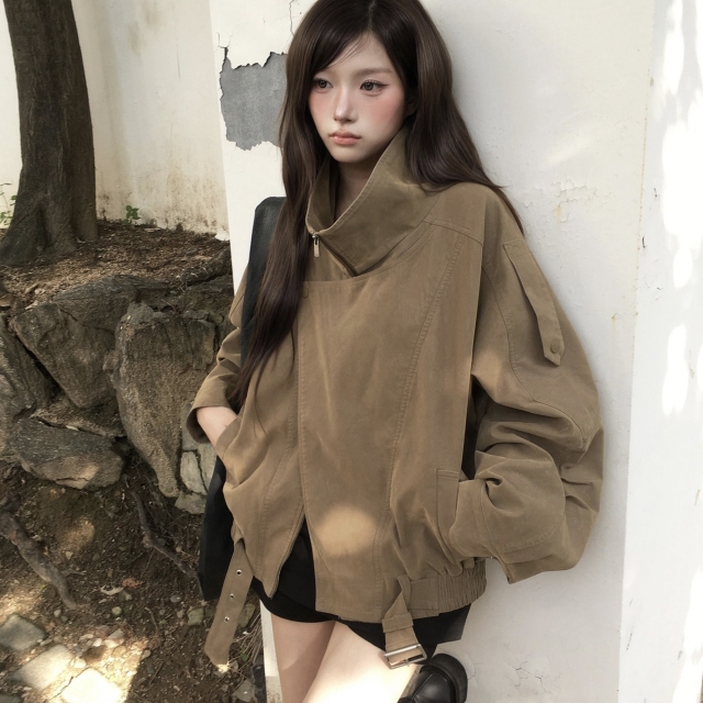【潮流】MODIMOOD MOMU 仿舊麂皮斜片領夾克-卡其