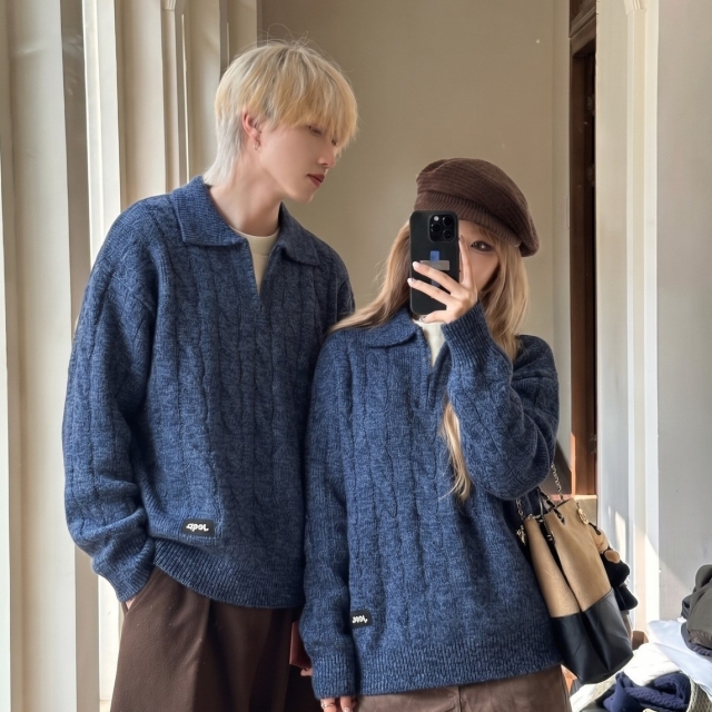 【潮流】JEEP 美式復古 假兩件翻領麻花針織毛衣-深藍(491270)