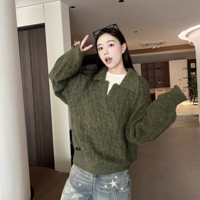 【潮流】JEEP 美式復古 假兩件翻領麻花針織毛衣-綠色(491270)