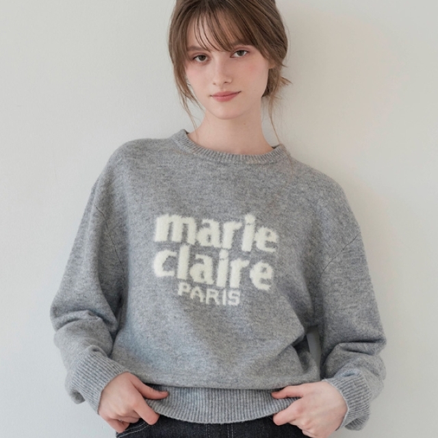 【韓國】Marie Claire 經典 Logo 毛絨羊毛混紡針織衫-麻花灰(MAGDKN27MMG)
