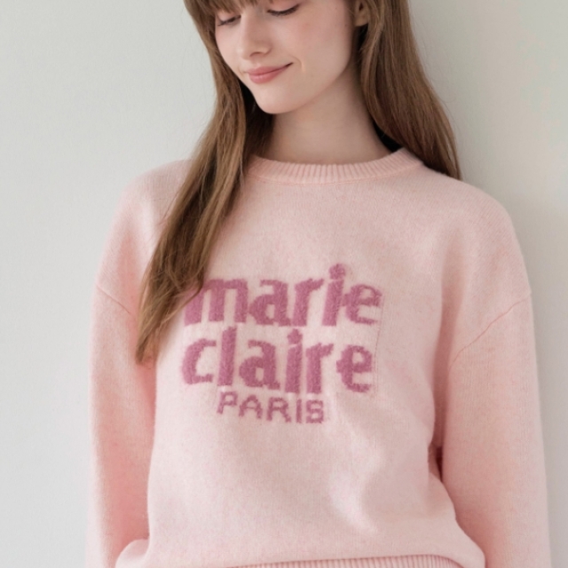 【韓國】Marie Claire 經典 Logo 毛絨羊毛混紡針織衫-淺粉色(MAGDKN27MLP)