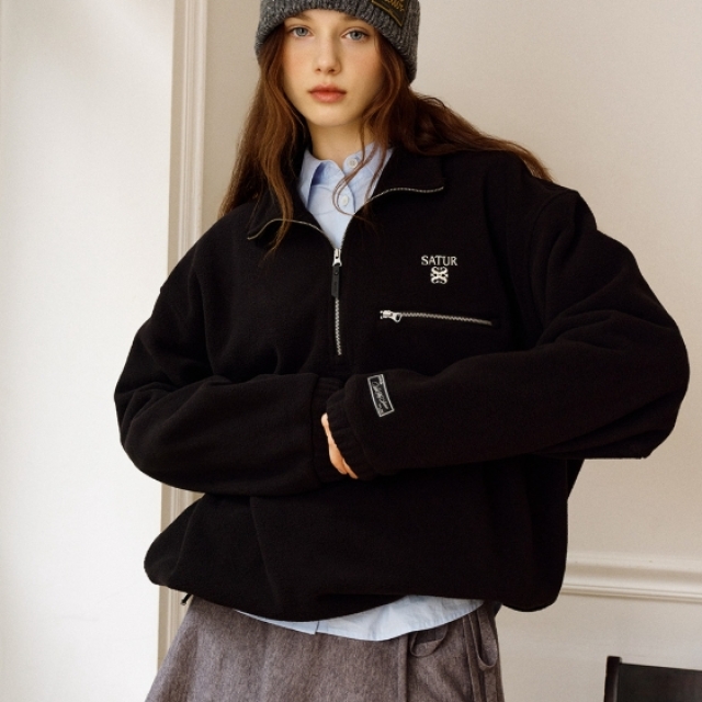 【韓國】 SATUR Fleece Half Zip-up 韓系刷毛半拉鍊上衣-黑色(SA263UTM10BLK0)