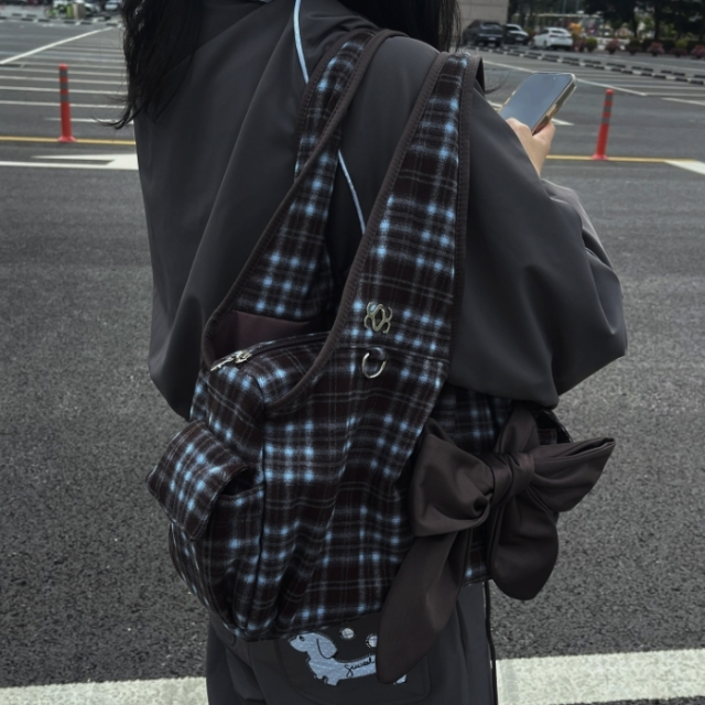 【韓國】Siweol107蝴蝶結肩背包#Check Brown